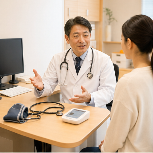 内科の診察室で医師が患者に説明している様子