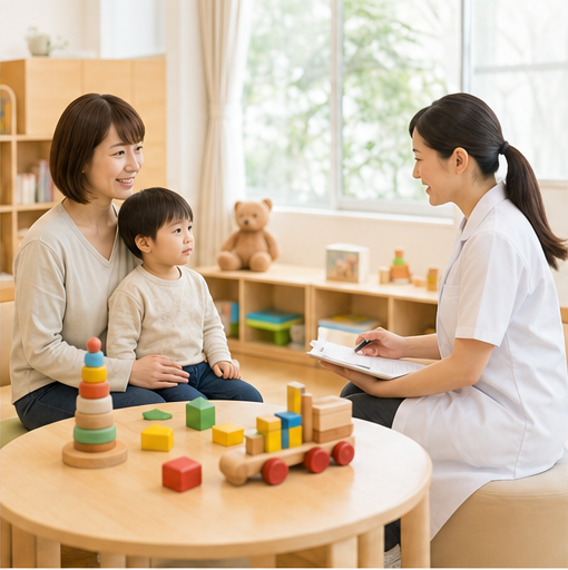 小児科の相談スペースで親子が診察を受けている様子