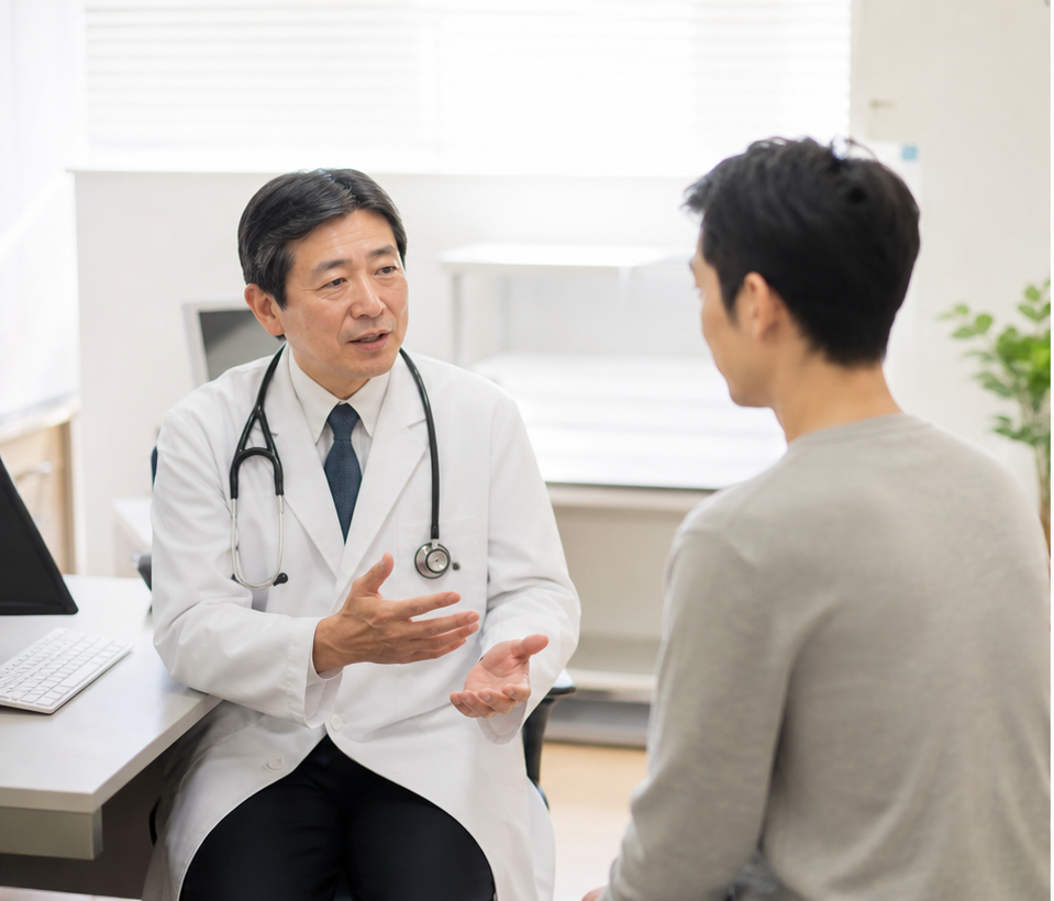 内科の診察室で医師が患者に説明している様子