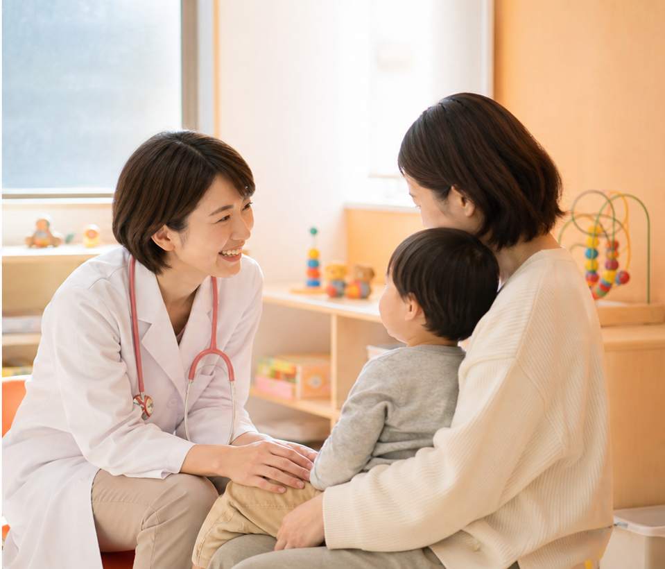 小児科の相談スペースで親子が診察を受けている様子